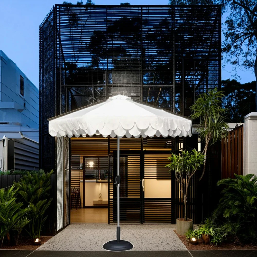 SOLARA Outdoor Patio Umbrella - 210/250cm Double-Layer Canopy with Elegant Valance, Brushed Aluminium Frame, Sunshade & Rain Protection, Water-Filled Base Included - White - Image 4