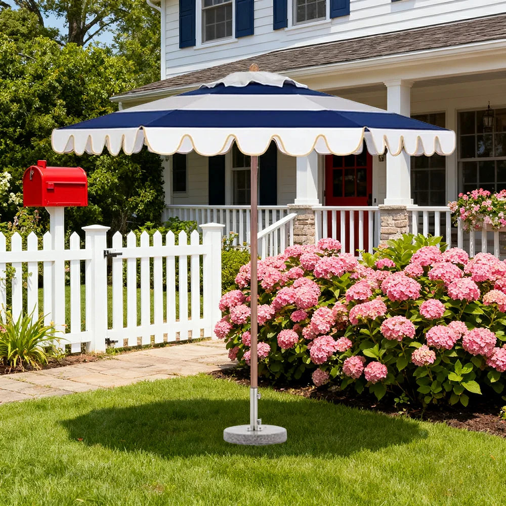 SOLARA Outdoor Patio Umbrella - 210/250cm Single-Layer Canopy with Elegant Valance, Brushed Aluminium Frame, Sunshade & Rain Protection, Water-Filled Base Included - Blue & White - Image 2