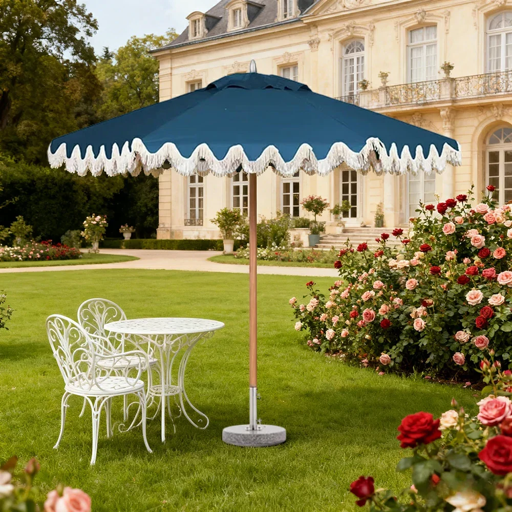 SOLARA Outdoor Patio Umbrella - 210/250cm Single-Layer Canopy with Elegant Valance, Brushed Aluminium Frame, Sunshade & Rain Protection, Water-Filled Base Included - Blue - Image 2