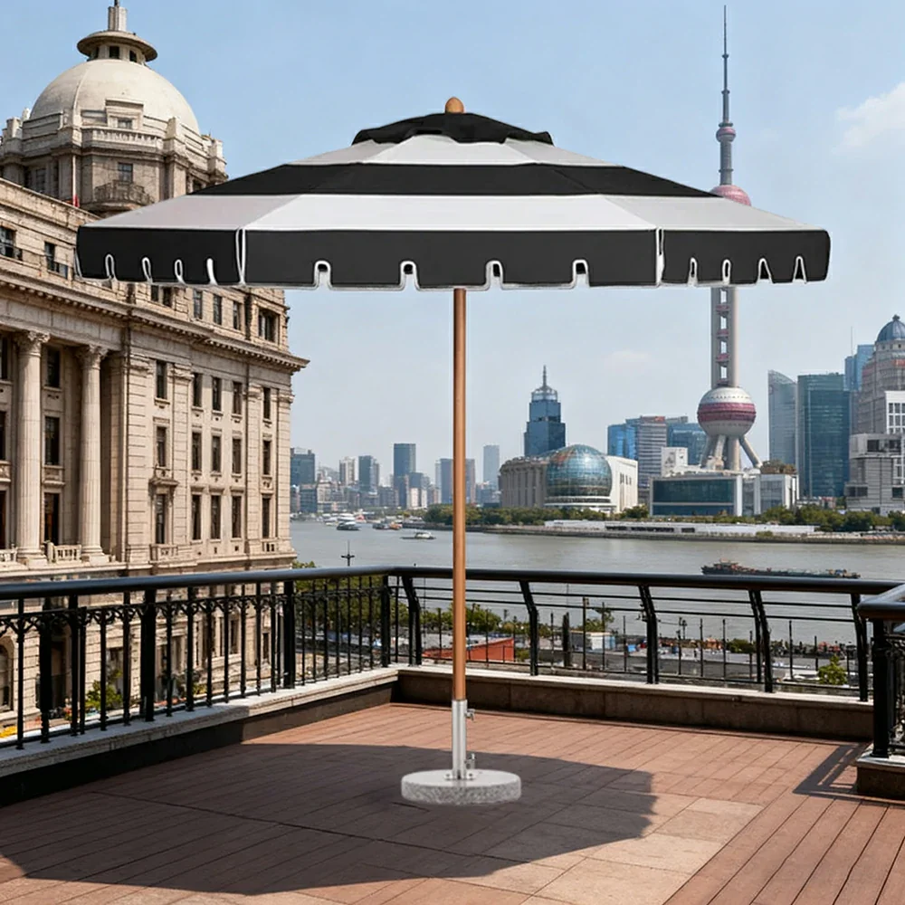 SOLARA Outdoor Patio Umbrella - 210/250cm Single-Layer Canopy with Elegant Valance, Brushed Aluminium Frame, Sunshade & Rain Protection, Water-Filled Base Included - Black & White - Image 4