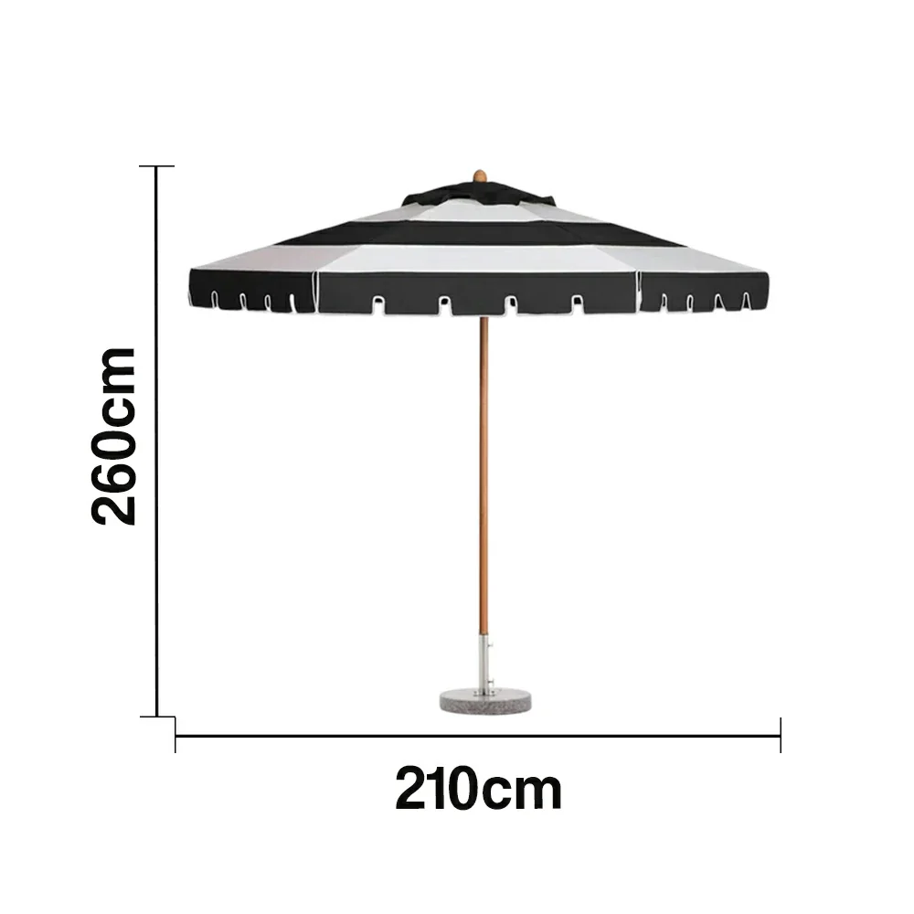 SOLARA Outdoor Patio Umbrella - 210/250cm Single-Layer Canopy with Elegant Valance, Brushed Aluminium Frame, Sunshade & Rain Protection, Water-Filled Base Included - Black & White - Image 5