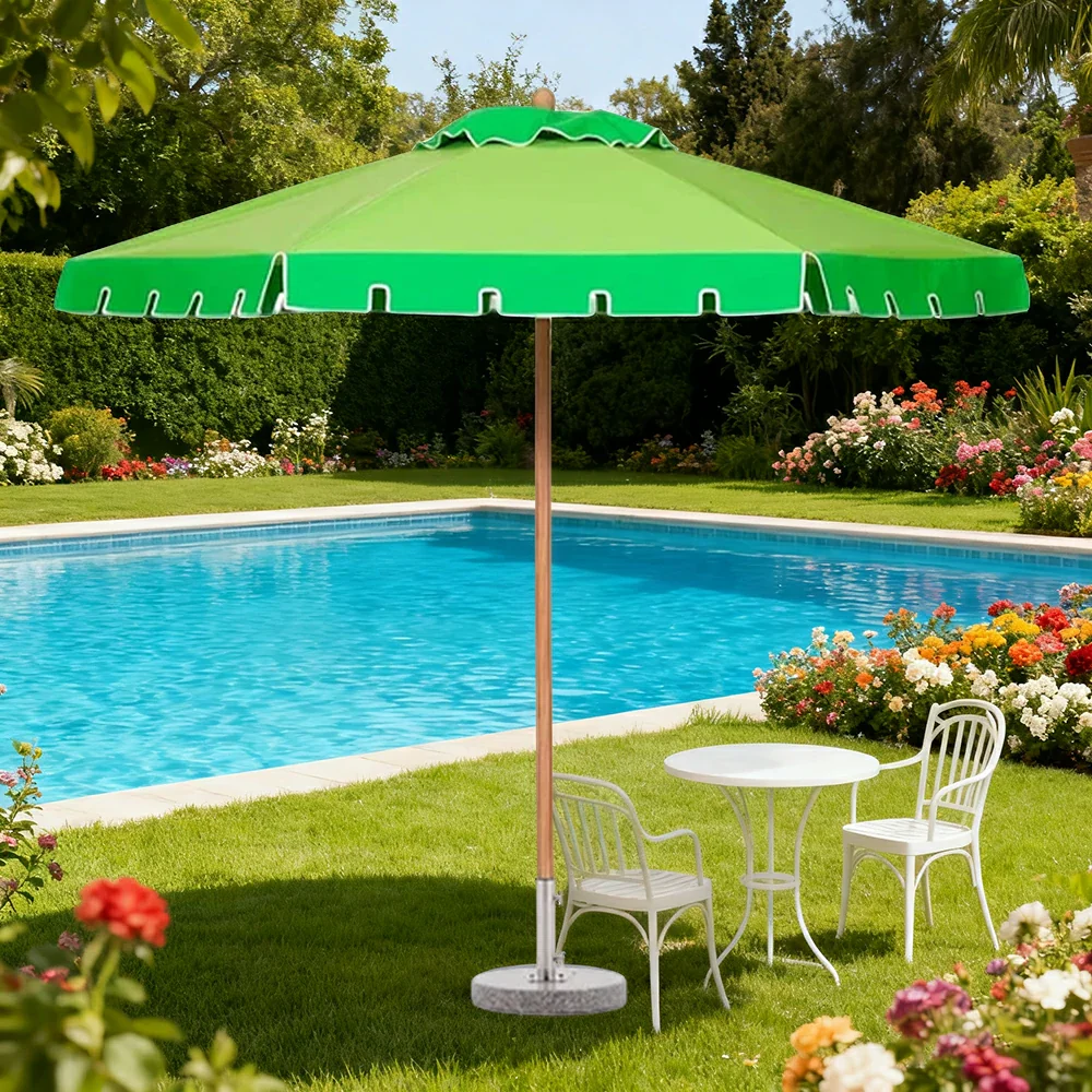 SOLARA Outdoor Patio Umbrella - 210/250cm Single-Layer Canopy with Elegant Valance, Brushed Aluminium Frame, Sunshade & Rain Protection, Water-Filled Base Included - Green - Image 2