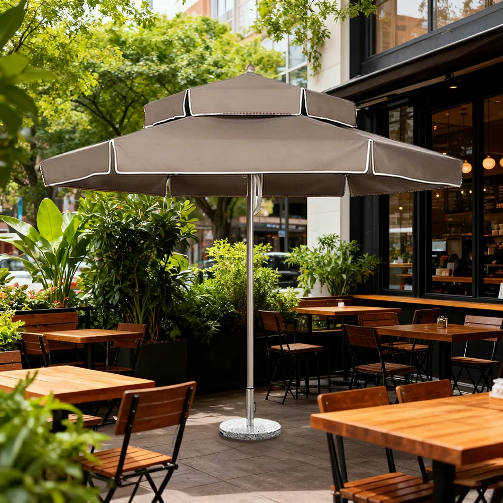 SOLARA Outdoor Patio Umbrella - 250/270cm Round Double-Layer Canopy with Decorative Valance, Enhanced Ventilation & Wind Resistance, Sunshade & Rain Protection, 20kg Marble Base Included - Grey - Image 2