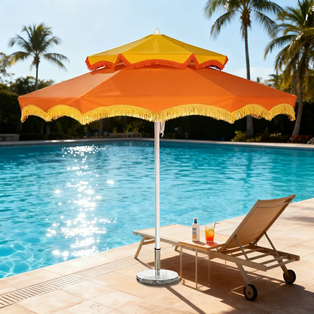 SOLARA Outdoor Patio Umbrella - 250/270cm Round Double-Layer Canopy with French Scalloped Valance, Enhanced Ventilation & Wind Resistance, Sunshade & Rain Protection, 20kg Marble Base Included - Orange - Image 4