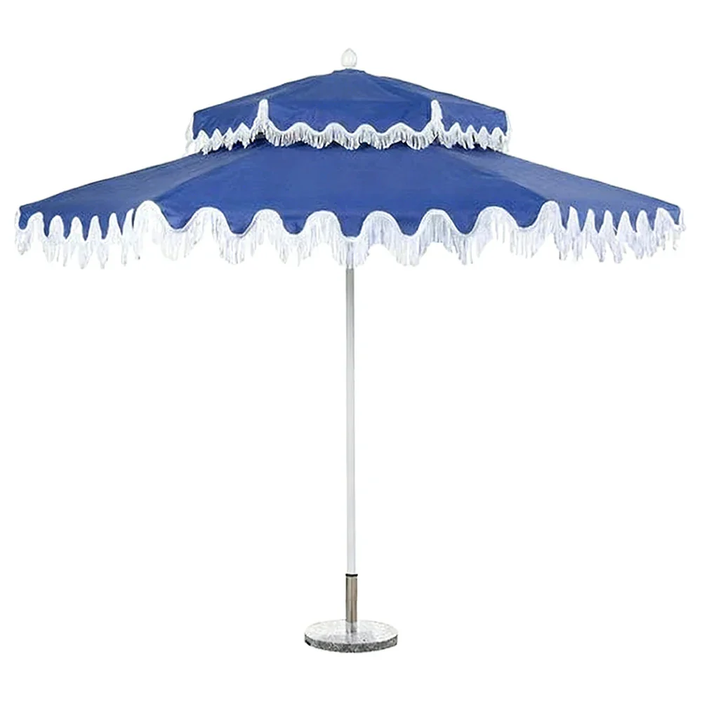 SOLARA Outdoor Patio Umbrella - 250/270cm Round Double-Layer Canopy with French Scalloped Valance, Enhanced Ventilation & Wind Resistance, Sunshade & Rain Protection, 20kg Marble Base Included - Blue