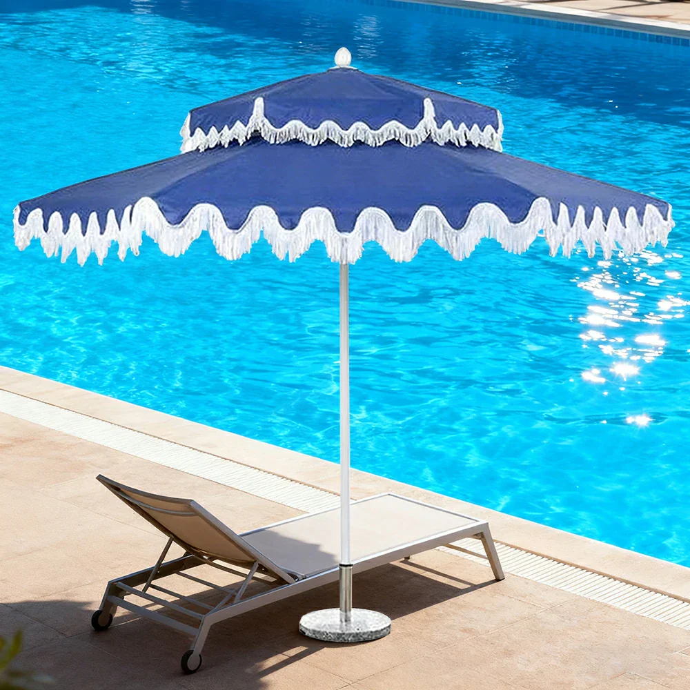 SOLARA Outdoor Patio Umbrella - 250/270cm Round Double-Layer Canopy with French Scalloped Valance, Enhanced Ventilation & Wind Resistance, Sunshade & Rain Protection, 20kg Marble Base Included - Blue - Image 4