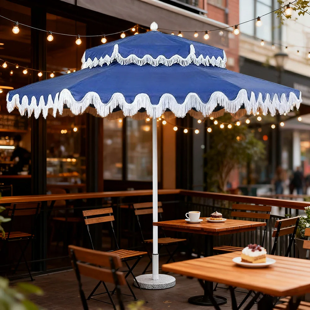 SOLARA Outdoor Patio Umbrella - 250/270cm Round Double-Layer Canopy with French Scalloped Valance, Enhanced Ventilation & Wind Resistance, Sunshade & Rain Protection, 20kg Marble Base Included - Blue - Image 5