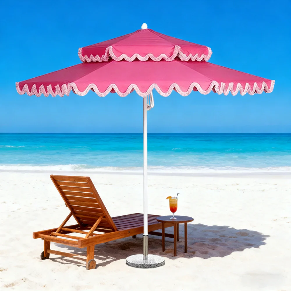 SOLARA Outdoor Patio Umbrella - 250/270cm Round Double-Layer Canopy with French Scalloped Valance, Enhanced Ventilation & Wind Resistance, Sunshade & Rain Protection, 20kg Marble Base Included - Pink - Image 4