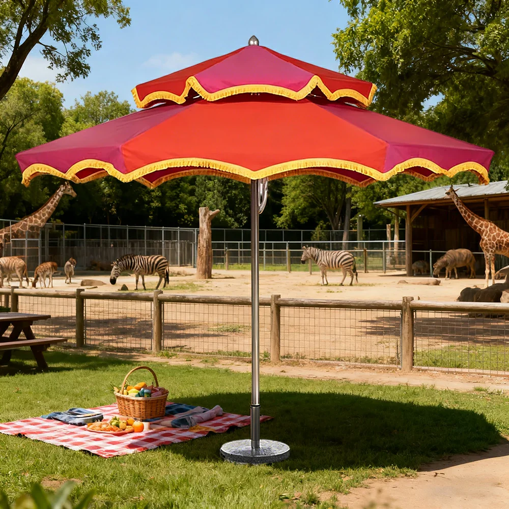 SOLARA Outdoor Patio Umbrella - 250/270cm Round Double-Layer Canopy with French Scalloped Valance, Enhanced Ventilation & Wind Resistance, Sunshade & Rain Protection, 20kg Marble Base Included - Pink & Red - Image 2