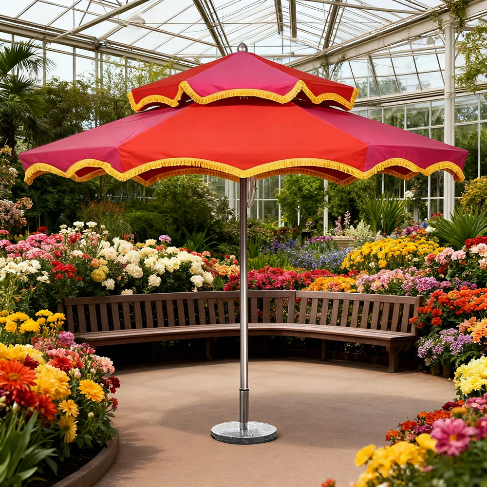 SOLARA Outdoor Patio Umbrella - 250/270cm Round Double-Layer Canopy with French Scalloped Valance, Enhanced Ventilation & Wind Resistance, Sunshade & Rain Protection, 20kg Marble Base Included - Pink & Red - Image 4