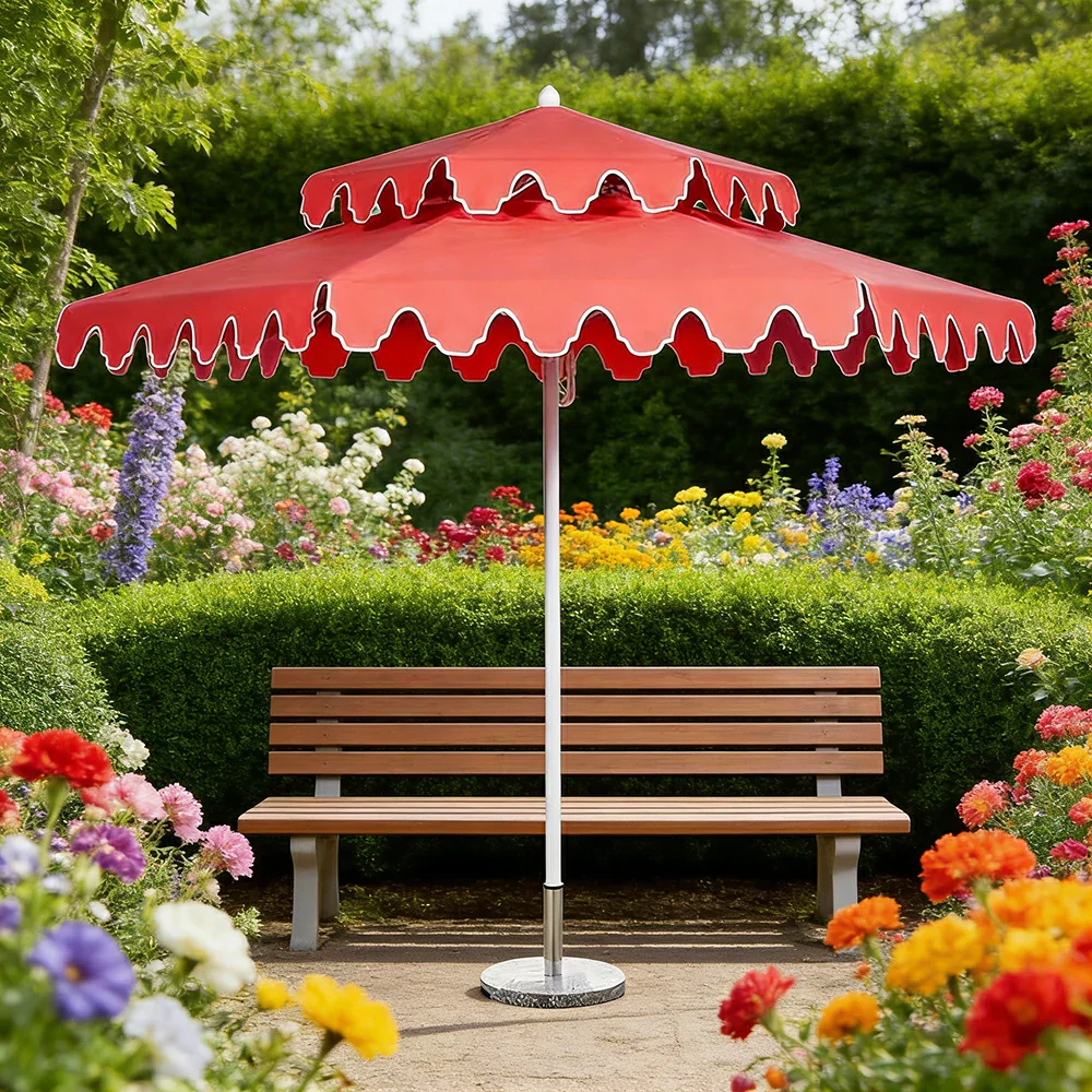 SOLARA Outdoor Patio Umbrella - 250/270cm Round Double-Layer Canopy with French Scalloped Valance, Enhanced Ventilation & Wind Resistance, Sunshade & Rain Protection, 20kg Marble Base Included - Coral Pink - Image 5