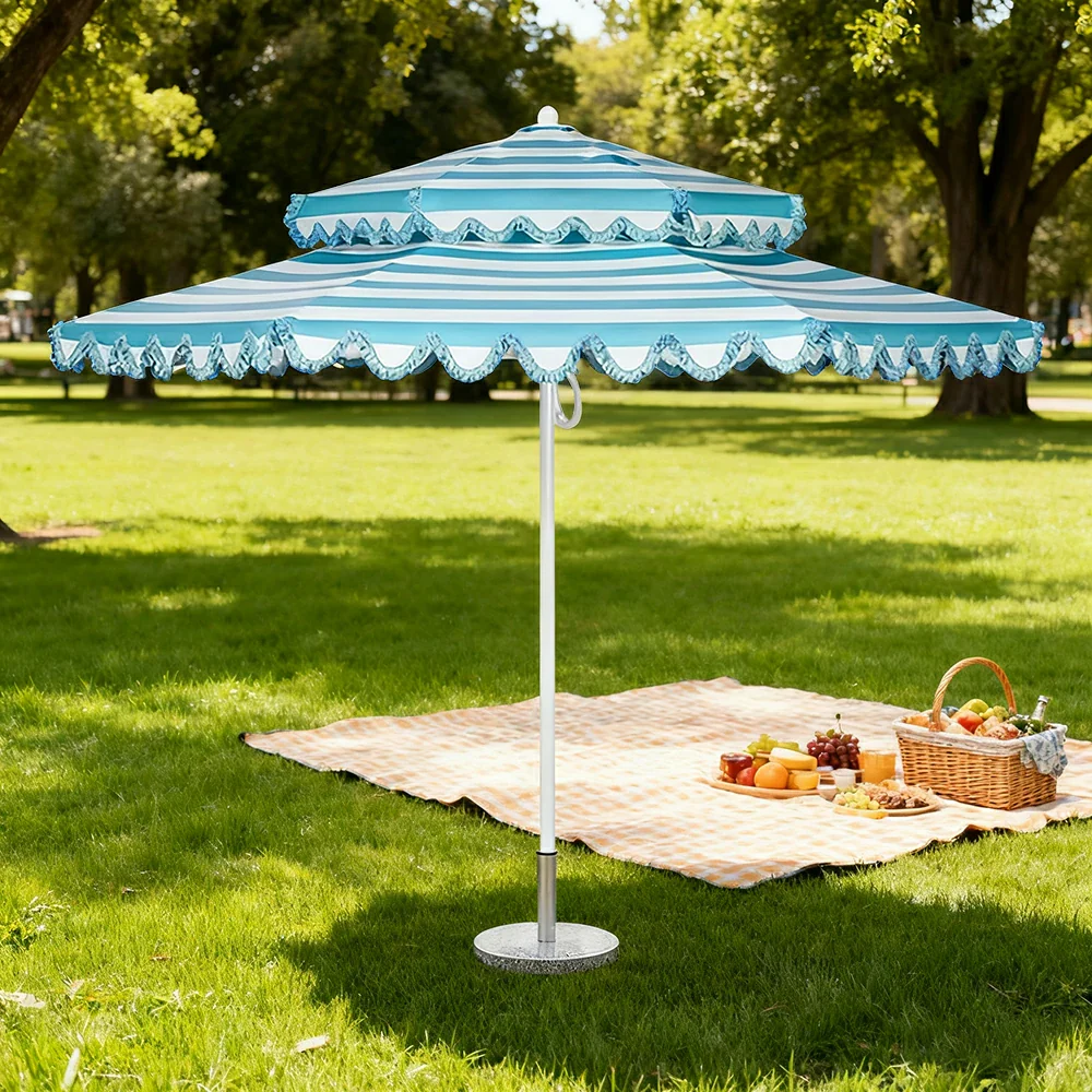 SOLARA Outdoor Patio Umbrella - 250/270cm Round Double-Layer Canopy with French Scalloped Valance, Enhanced Ventilation & Wind Resistance, Sunshade & Rain Protection, 20kg Marble Base Included - Blue - Image 2