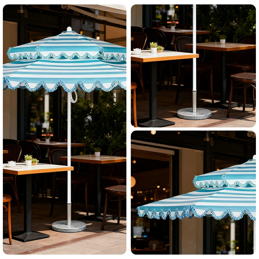 SOLARA Outdoor Patio Umbrella - 250/270cm Round Double-Layer Canopy with French Scalloped Valance, Enhanced Ventilation & Wind Resistance, Sunshade & Rain Protection, 20kg Marble Base Included - Blue - Image 3