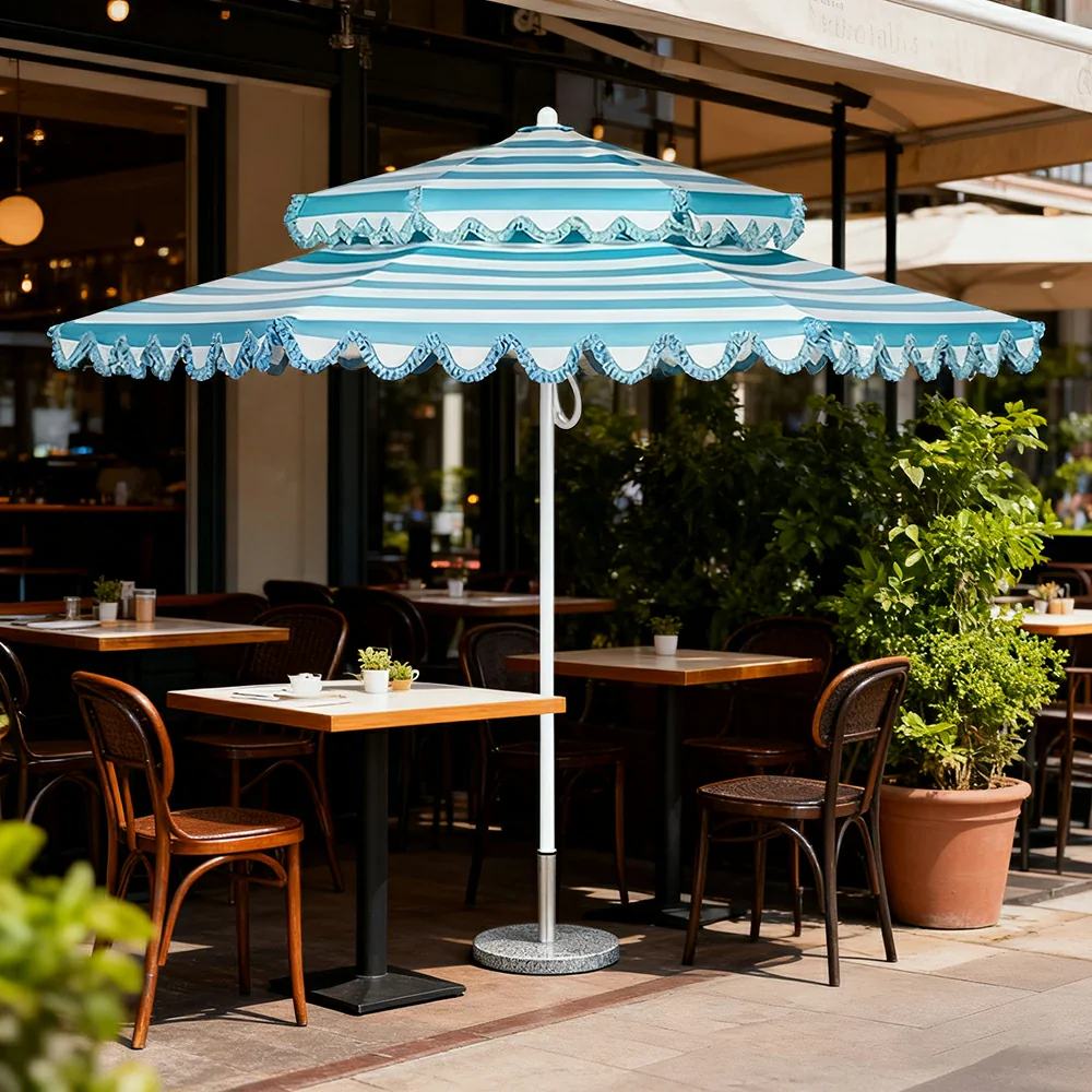 SOLARA Outdoor Patio Umbrella - 250/270cm Round Double-Layer Canopy with French Scalloped Valance, Enhanced Ventilation & Wind Resistance, Sunshade & Rain Protection, 20kg Marble Base Included - Blue - Image 4