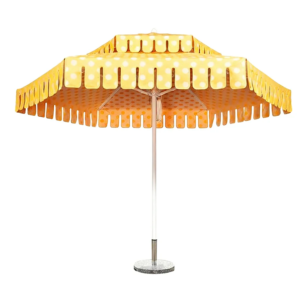 SOLARA Outdoor Patio Umbrella - 250/270cm Round Double-Layer Canopy with French Scalloped Valance, Enhanced Ventilation & Wind Resistance, Sunshade & Rain Protection, 20kg Marble Base Included - Yellow Polka Dot Pattern