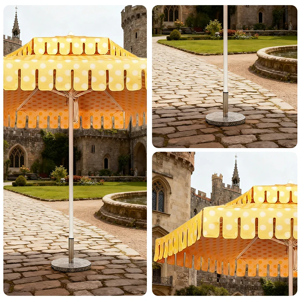 SOLARA Outdoor Patio Umbrella - 250/270cm Round Double-Layer Canopy with French Scalloped Valance, Enhanced Ventilation & Wind Resistance, Sunshade & Rain Protection, 20kg Marble Base Included - Yellow Polka Dot Pattern - Image 3