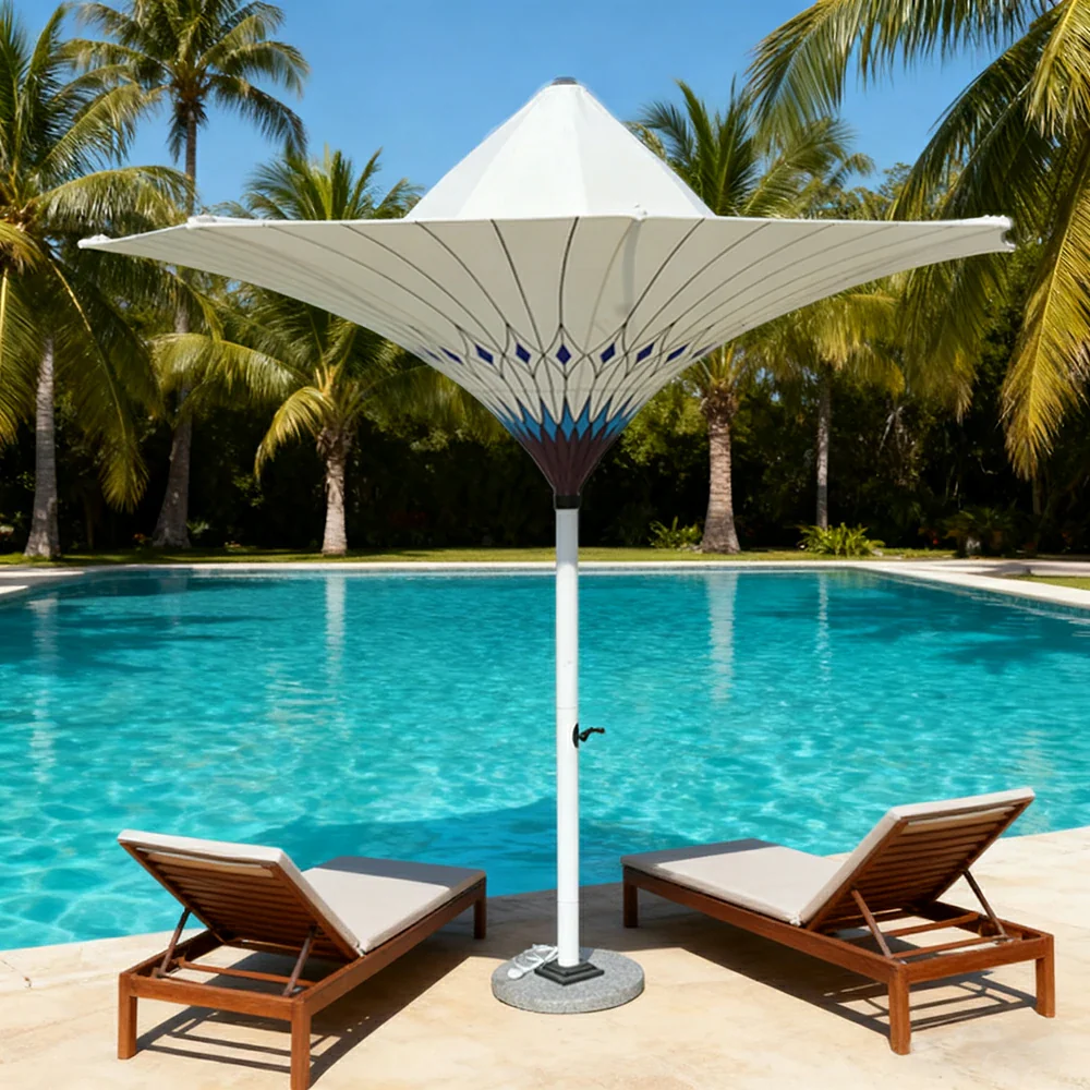 SOLARA Outdoor Designer Patio Umbrella - Peacock-Inspired Canopy with Reinforced 8-Rib Structure, Smooth Crank System, Sunshade & Rain Protection, Marble Base Included - White - Image 2