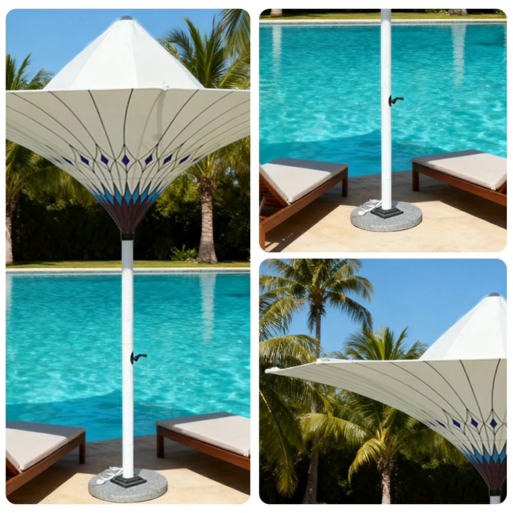 SOLARA Outdoor Designer Patio Umbrella - Peacock-Inspired Canopy with Reinforced 8-Rib Structure, Smooth Crank System, Sunshade & Rain Protection, Marble Base Included - White - Image 3