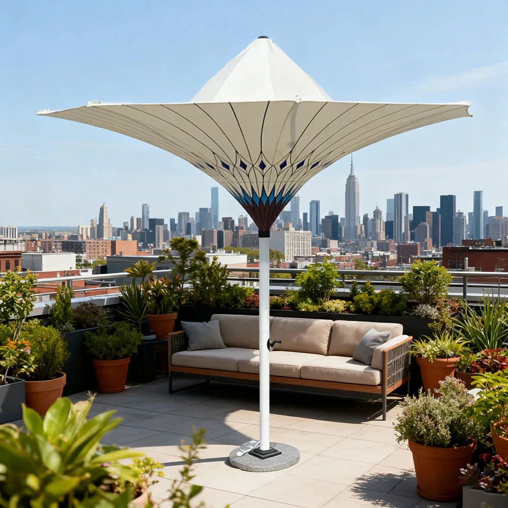 SOLARA Outdoor Designer Patio Umbrella - Peacock-Inspired Canopy with Reinforced 8-Rib Structure, Smooth Crank System, Sunshade & Rain Protection, Marble Base Included - White - Image 4
