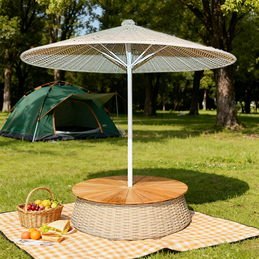 SOLARA Outdoor Wicker Patio Umbrella - 240/260cm Round Handwoven Canopy with Wind-Resistant Rattan Design, UV Sunshade & Rain Protection, Resort Poolside Garden Style - White - Image 2