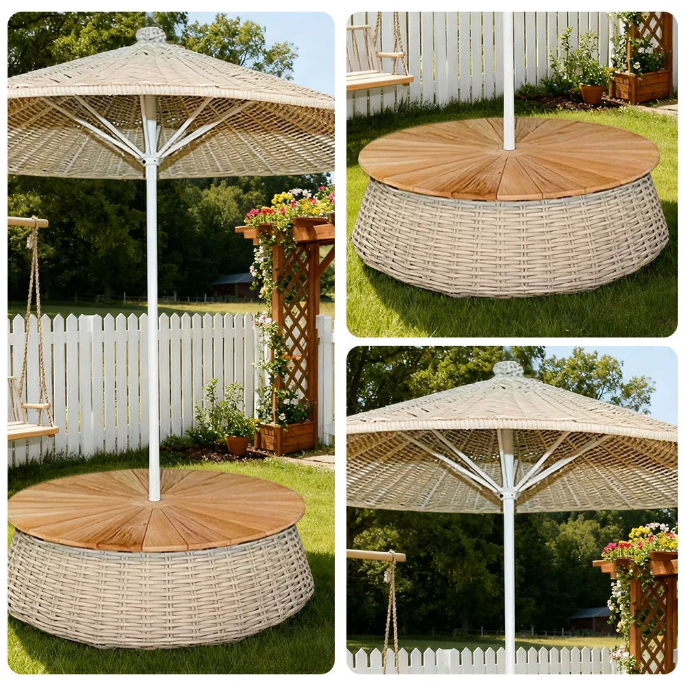 SOLARA Outdoor Wicker Patio Umbrella - 240/260cm Round Handwoven Canopy with Wind-Resistant Rattan Design, UV Sunshade & Rain Protection, Resort Poolside Garden Style - White - Image 3
