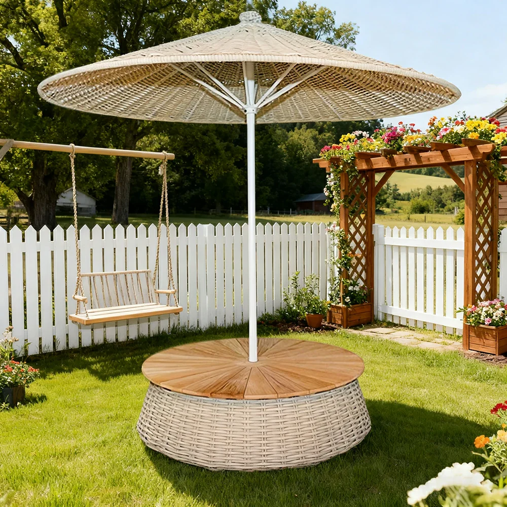 SOLARA Outdoor Wicker Patio Umbrella - 240/260cm Round Handwoven Canopy with Wind-Resistant Rattan Design, UV Sunshade & Rain Protection, Resort Poolside Garden Style - White - Image 4