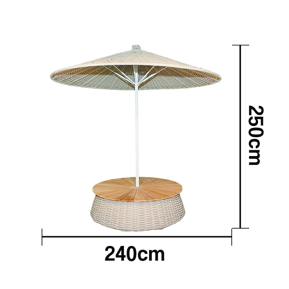 SOLARA Outdoor Wicker Patio Umbrella - 240/260cm Round Handwoven Canopy with Wind-Resistant Rattan Design, UV Sunshade & Rain Protection, Resort Poolside Garden Style - White - Image 5