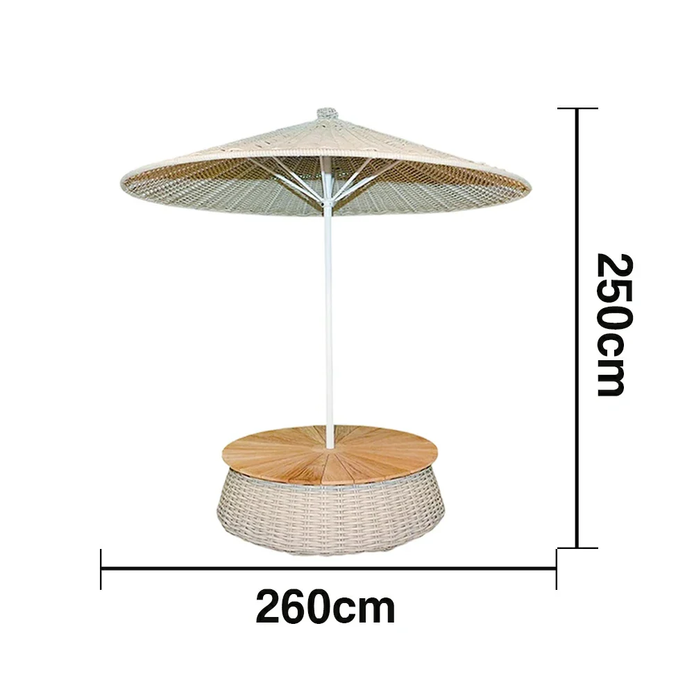 SOLARA Outdoor Wicker Patio Umbrella - 240/260cm Round Handwoven Canopy with Wind-Resistant Rattan Design, UV Sunshade & Rain Protection, Resort Poolside Garden Style - White - Image 6