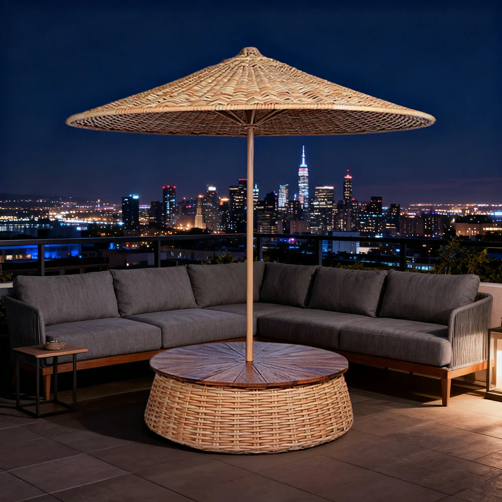 SOLARA Outdoor Wicker Patio Umbrella - 240/260cm Round Handwoven Canopy with Wind-Resistant Rattan Design, UV Sunshade & Rain Protection, Resort Poolside Garden Style - Khaki - Image 4