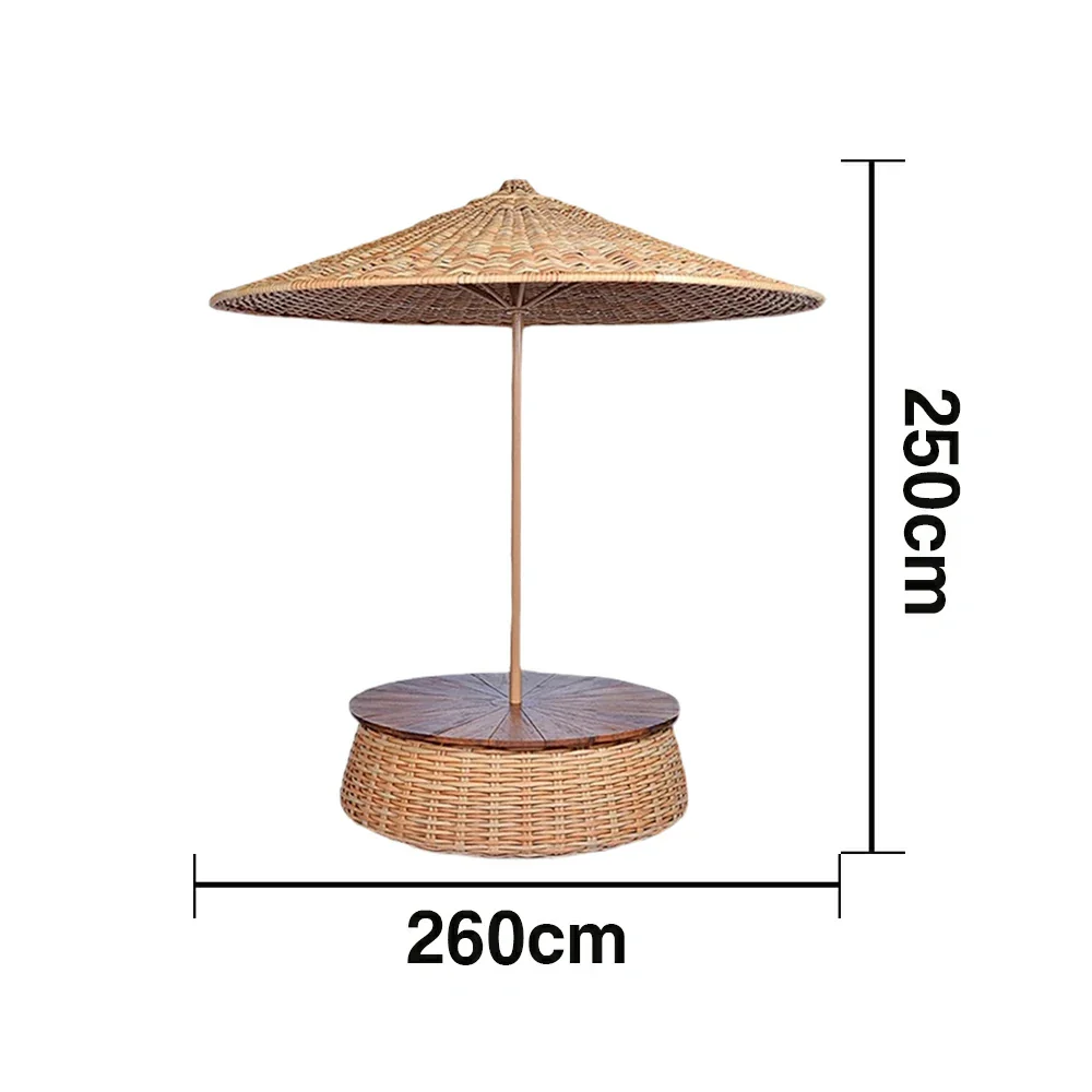 SOLARA Outdoor Wicker Patio Umbrella - 240/260cm Round Handwoven Canopy with Wind-Resistant Rattan Design, UV Sunshade & Rain Protection, Resort Poolside Garden Style - Khaki - Image 6
