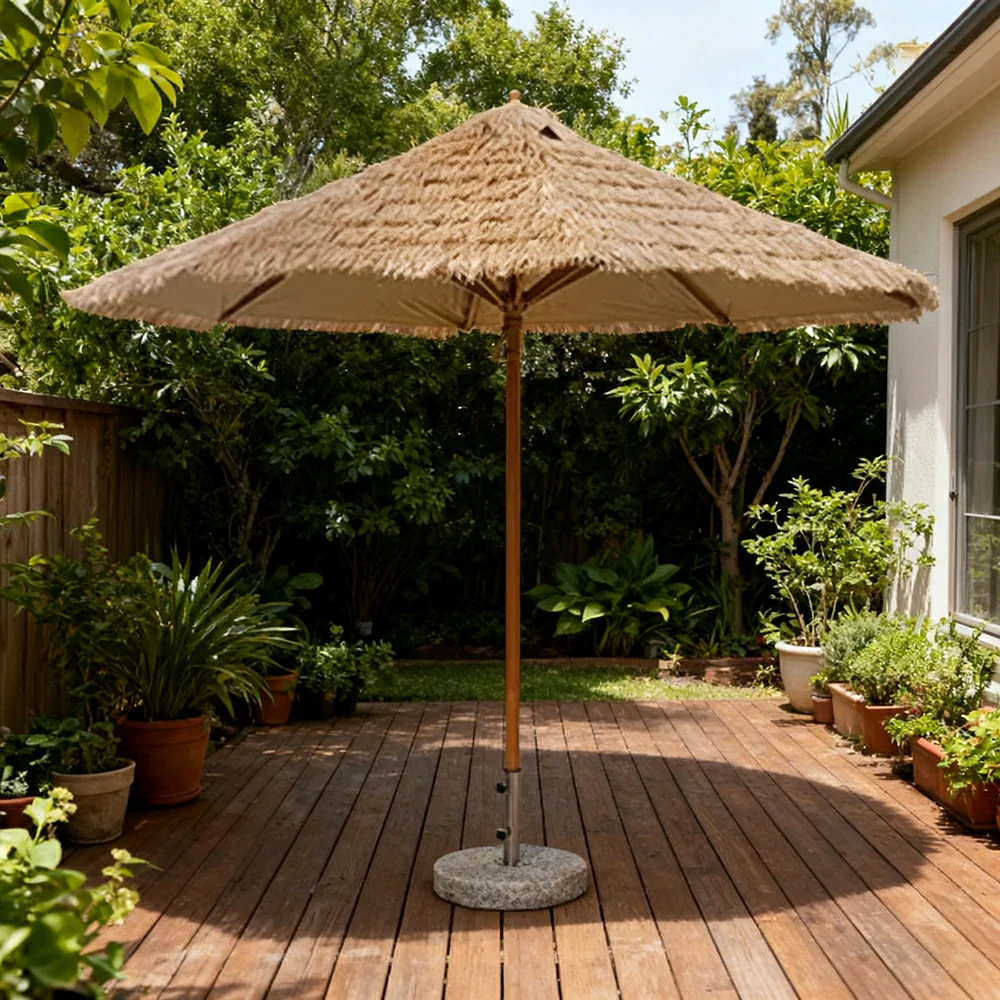 SOLARA Outdoor Thatched Patio Umbrella - 250/270cm Single-Tier Canopy with Realistic Thatch Design, Sunshade & Rain Protection, 30kg Marble Base Included - Natural - Image 4