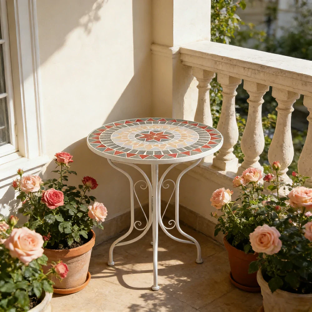 SOLARA 65/80cm Outdoor Table - Weather Resistant Patio Table with Mosaic Tile Top and Heavy Duty Steel Frame - White - Image 2