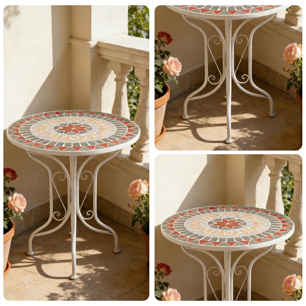 SOLARA 65/80cm Outdoor Table - Weather Resistant Patio Table with Mosaic Tile Top and Heavy Duty Steel Frame - White - Image 3