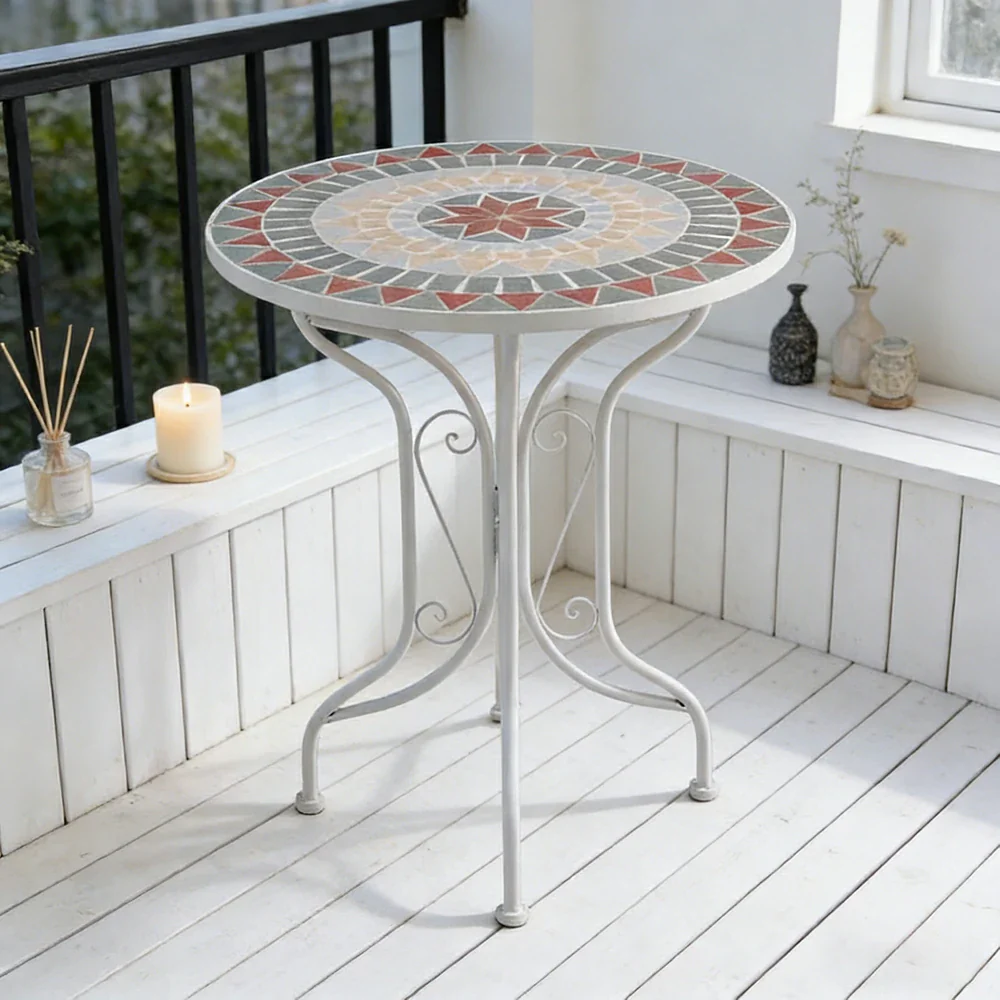 SOLARA 65/80cm Outdoor Table - Weather Resistant Patio Table with Mosaic Tile Top and Heavy Duty Steel Frame - White - Image 4
