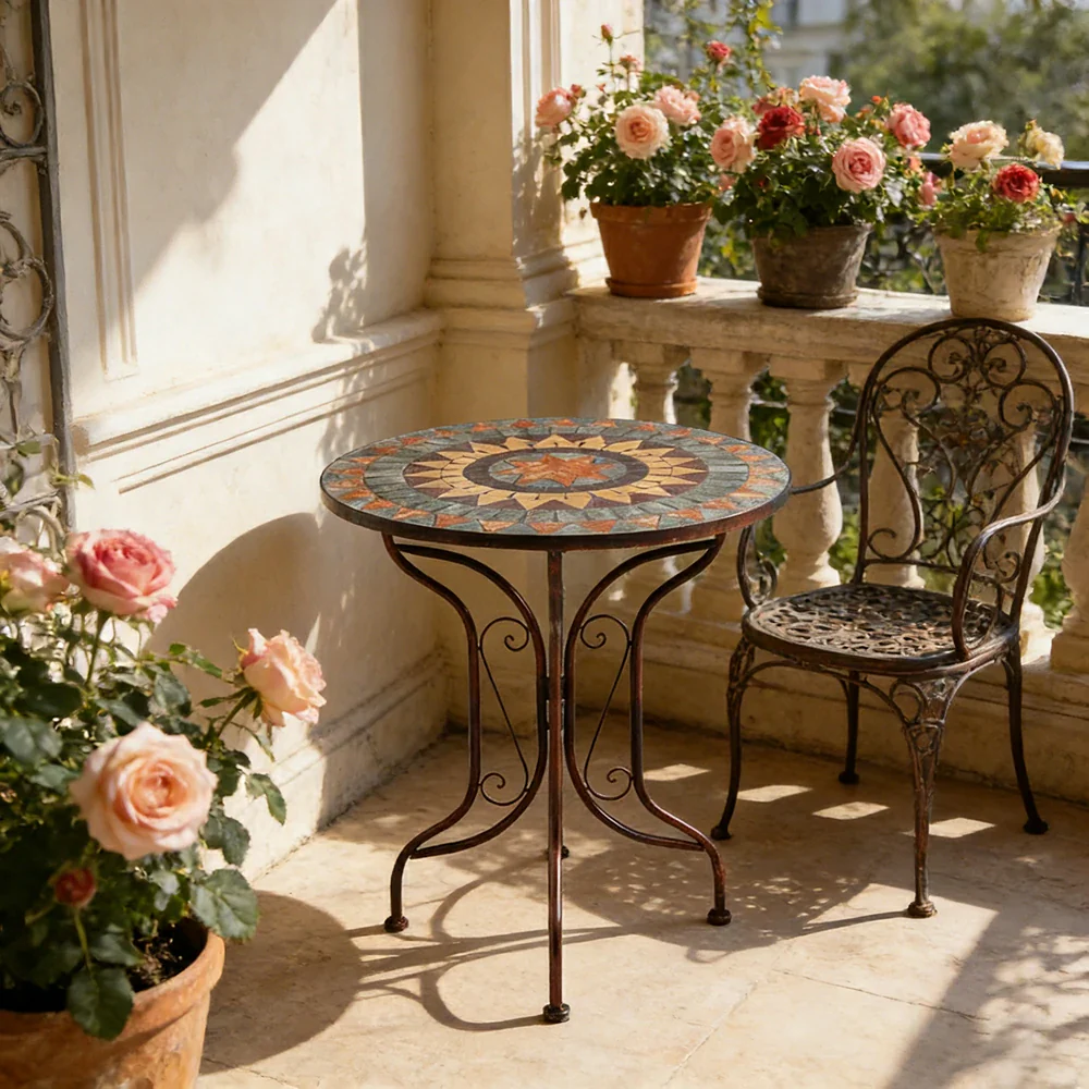 SOLARA 65/80cm Outdoor Table - Weather Resistant Patio Table with Mosaic Tile Top and Heavy Duty Steel Frame - Brown - Image 2