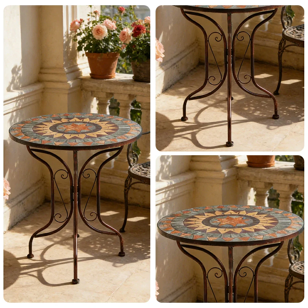 SOLARA 65/80cm Outdoor Table - Weather Resistant Patio Table with Mosaic Tile Top and Heavy Duty Steel Frame - Brown - Image 3