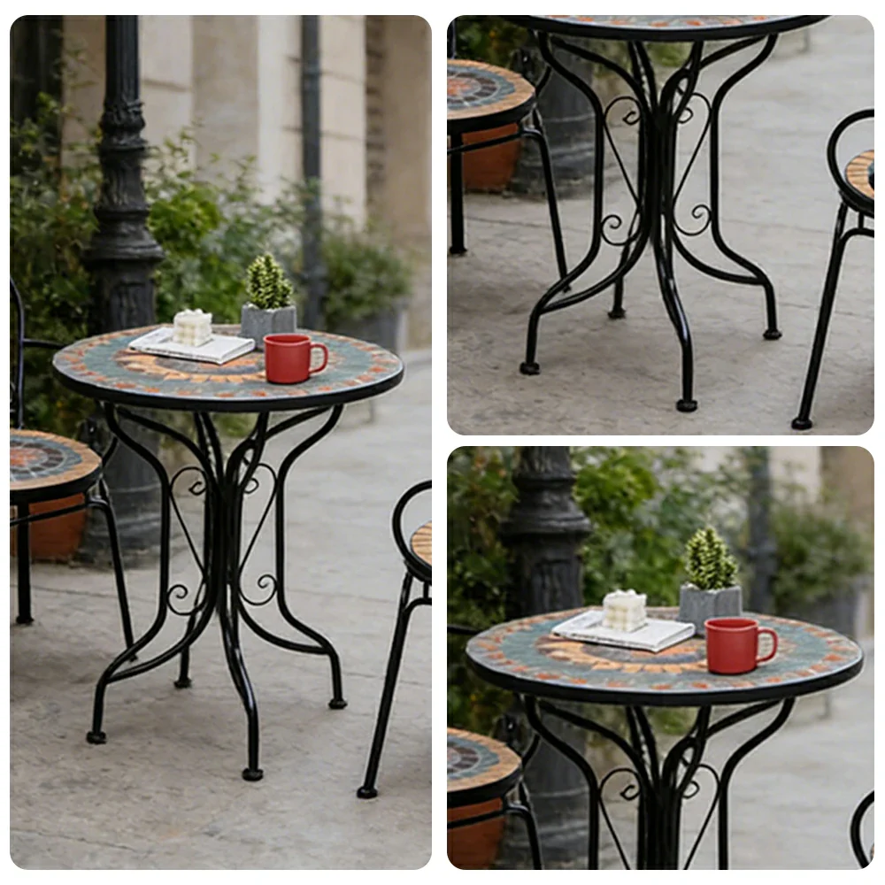 SOLARA 65/80cm Outdoor Table and 2 Chairs Set - Weather Resistant Patio Table with Mosaic Tile Top and Heavy Duty Steel Frame - Black - Image 3