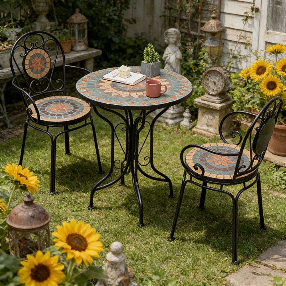 SOLARA 65/80cm Outdoor Table and 2 Chairs Set - Weather Resistant Patio Table with Mosaic Tile Top and Heavy Duty Steel Frame - Black - Image 4