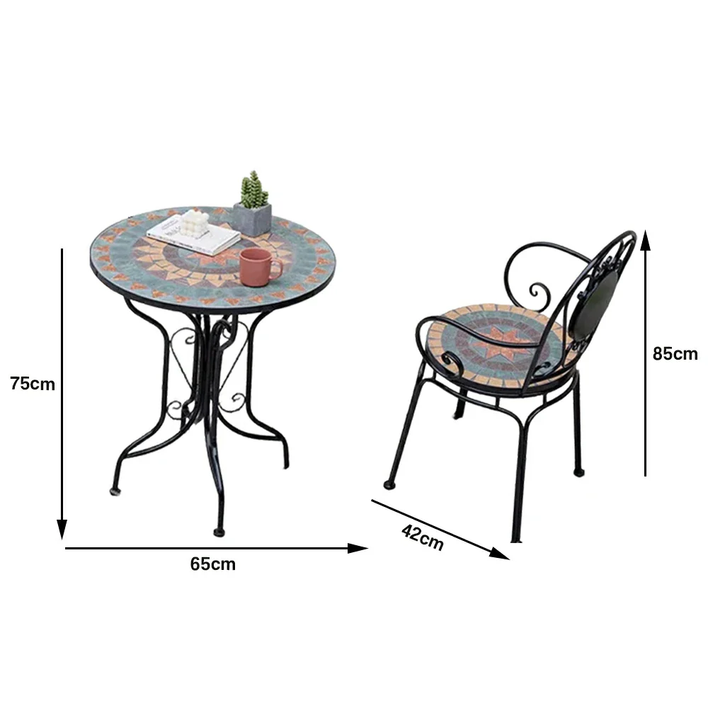 SOLARA 65/80cm Outdoor Table and 2 Chairs Set - Weather Resistant Patio Table with Mosaic Tile Top and Heavy Duty Steel Frame - Black - Image 6