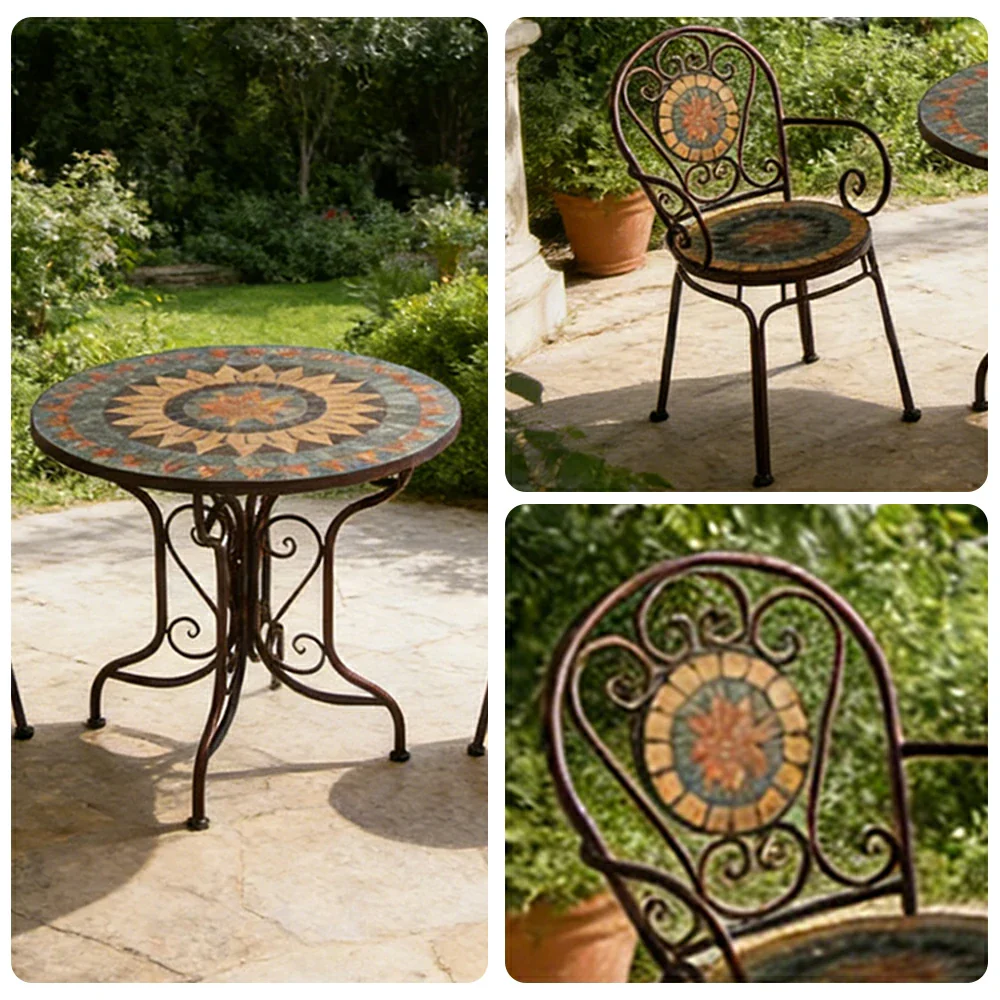SOLARA 65/80cm Outdoor Table and 2 Chairs Set - Weather Resistant Patio Table with Mosaic Tile Top and Heavy Duty Steel Frame - Brown - Image 3