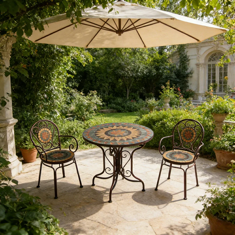 SOLARA 65/80cm Outdoor Table and 2 Chairs Set - Weather Resistant Patio Table with Mosaic Tile Top and Heavy Duty Steel Frame - Brown - Image 4