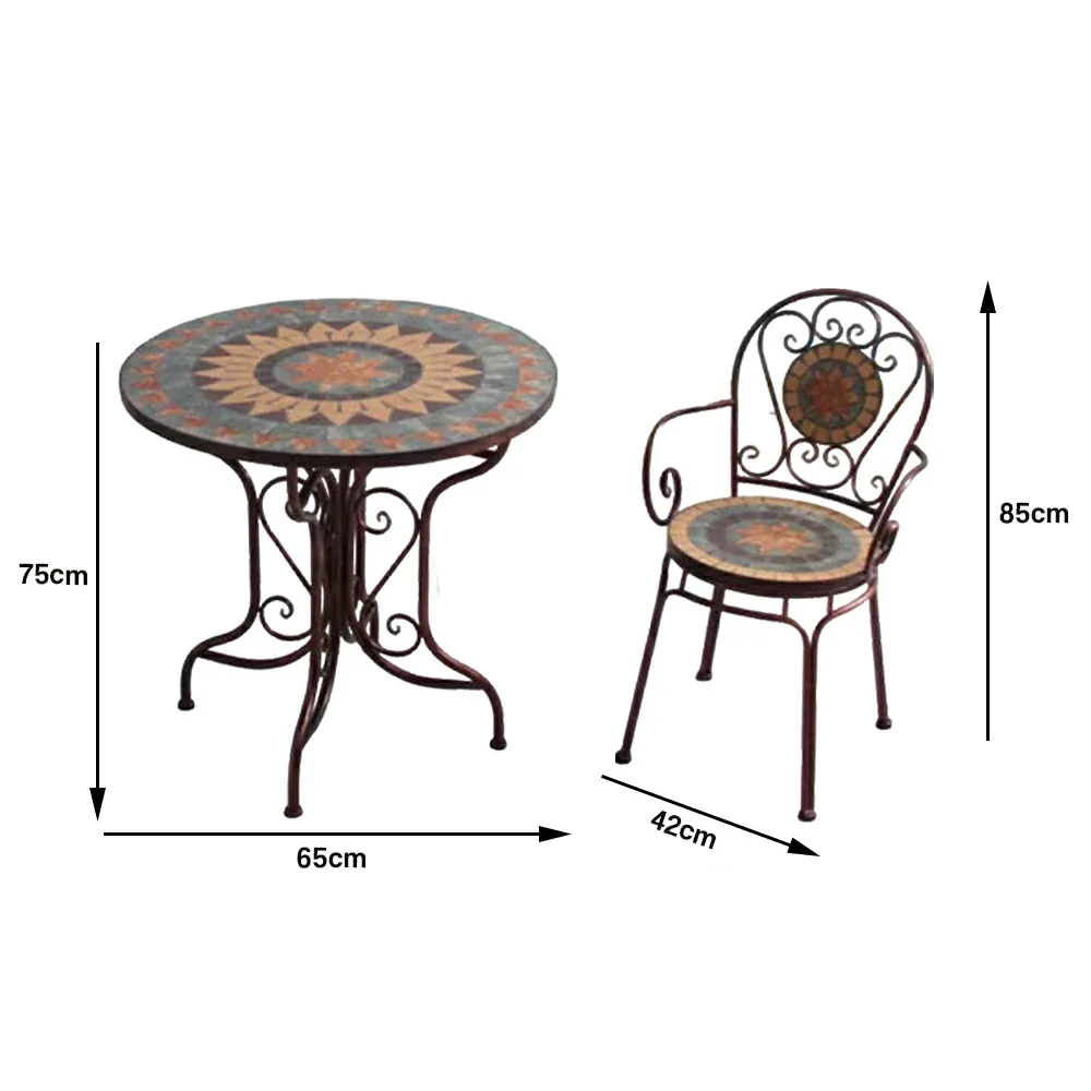 SOLARA 65/80cm Outdoor Table and 2 Chairs Set - Weather Resistant Patio Table with Mosaic Tile Top and Heavy Duty Steel Frame - Brown - Image 5