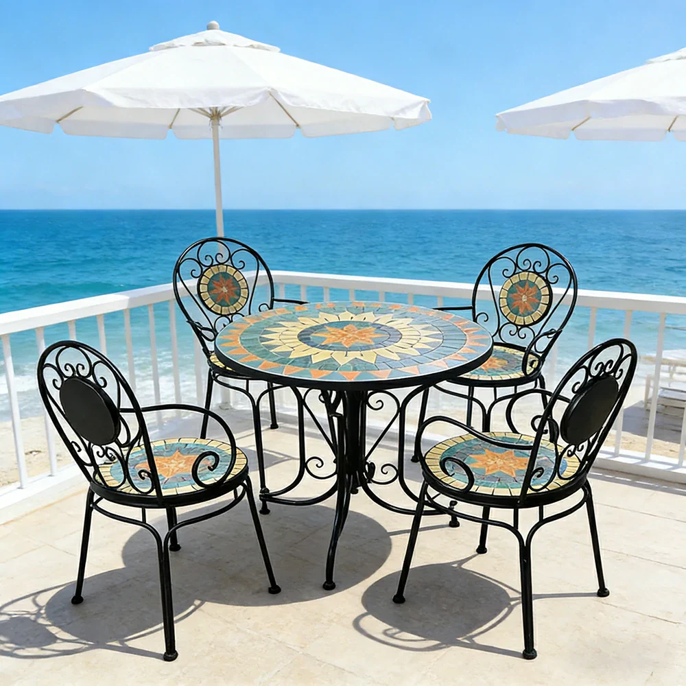 SOLARA 65/80cm Outdoor Table and 4 Chairs Set - Weather Resistant Patio Table with Mosaic Tile Top and Heavy Duty Steel Frame - Black - Image 4