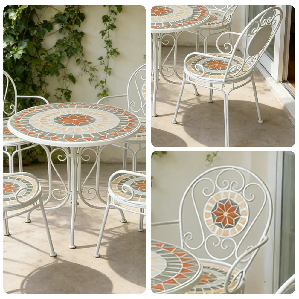 SOLARA 65/80cm Outdoor Table and 4 Chairs Set - Weather Resistant Patio Table with Mosaic Tile Top and Heavy Duty Steel Frame - White - Image 3