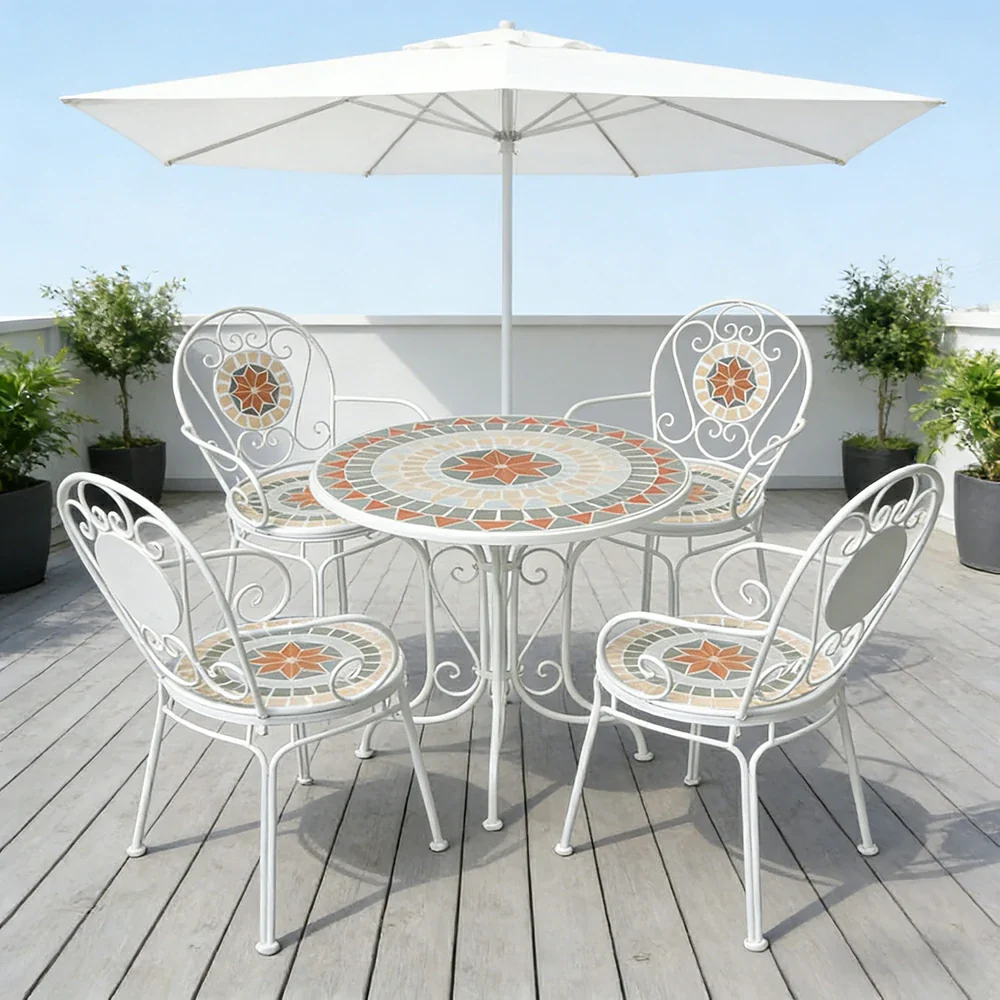 SOLARA 65/80cm Outdoor Table and 4 Chairs Set - Weather Resistant Patio Table with Mosaic Tile Top and Heavy Duty Steel Frame - White - Image 4
