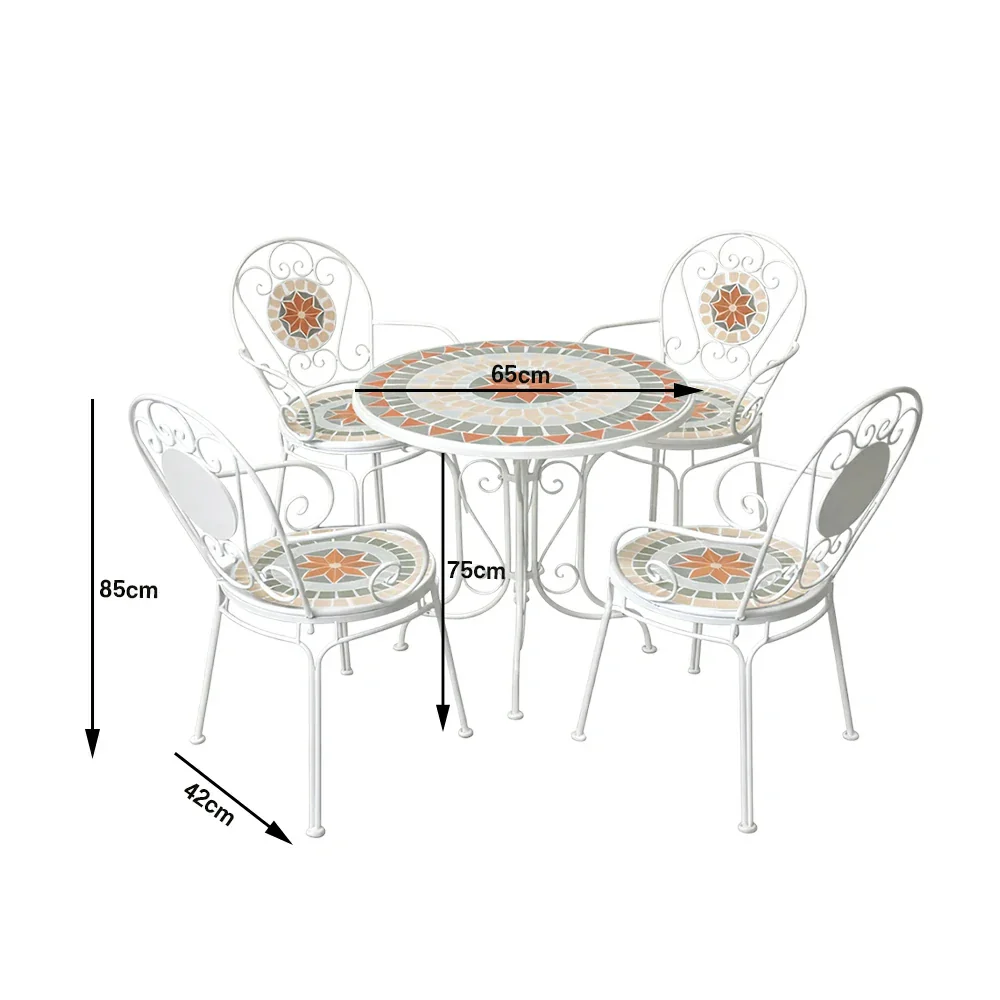 SOLARA 65/80cm Outdoor Table and 4 Chairs Set - Weather Resistant Patio Table with Mosaic Tile Top and Heavy Duty Steel Frame - White - Image 5