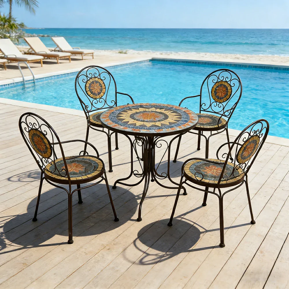 SOLARA 65/80cm Outdoor Table and 4 Chairs Set - Weather Resistant Patio Table with Mosaic Tile Top and Heavy Duty Steel Frame - Brown - Image 4