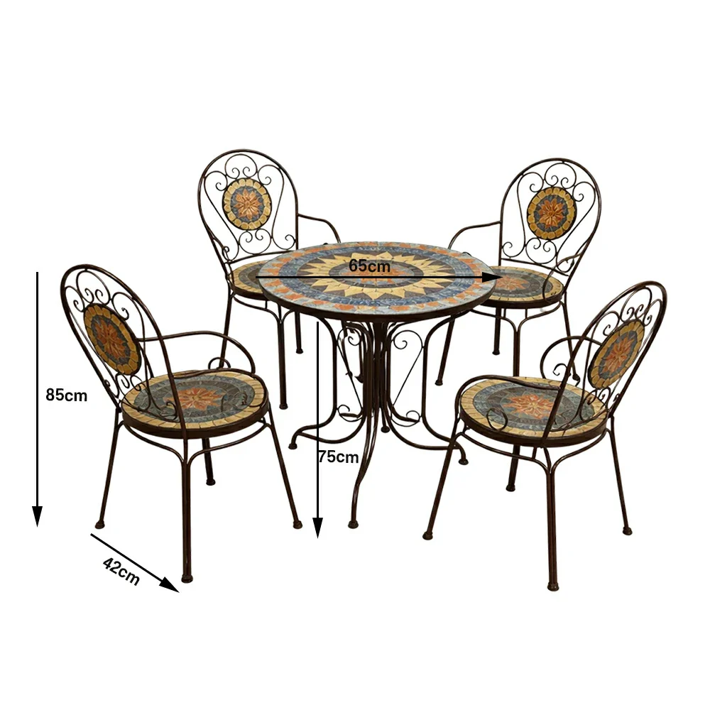 SOLARA 65/80cm Outdoor Table and 4 Chairs Set - Weather Resistant Patio Table with Mosaic Tile Top and Heavy Duty Steel Frame - Brown - Image 6