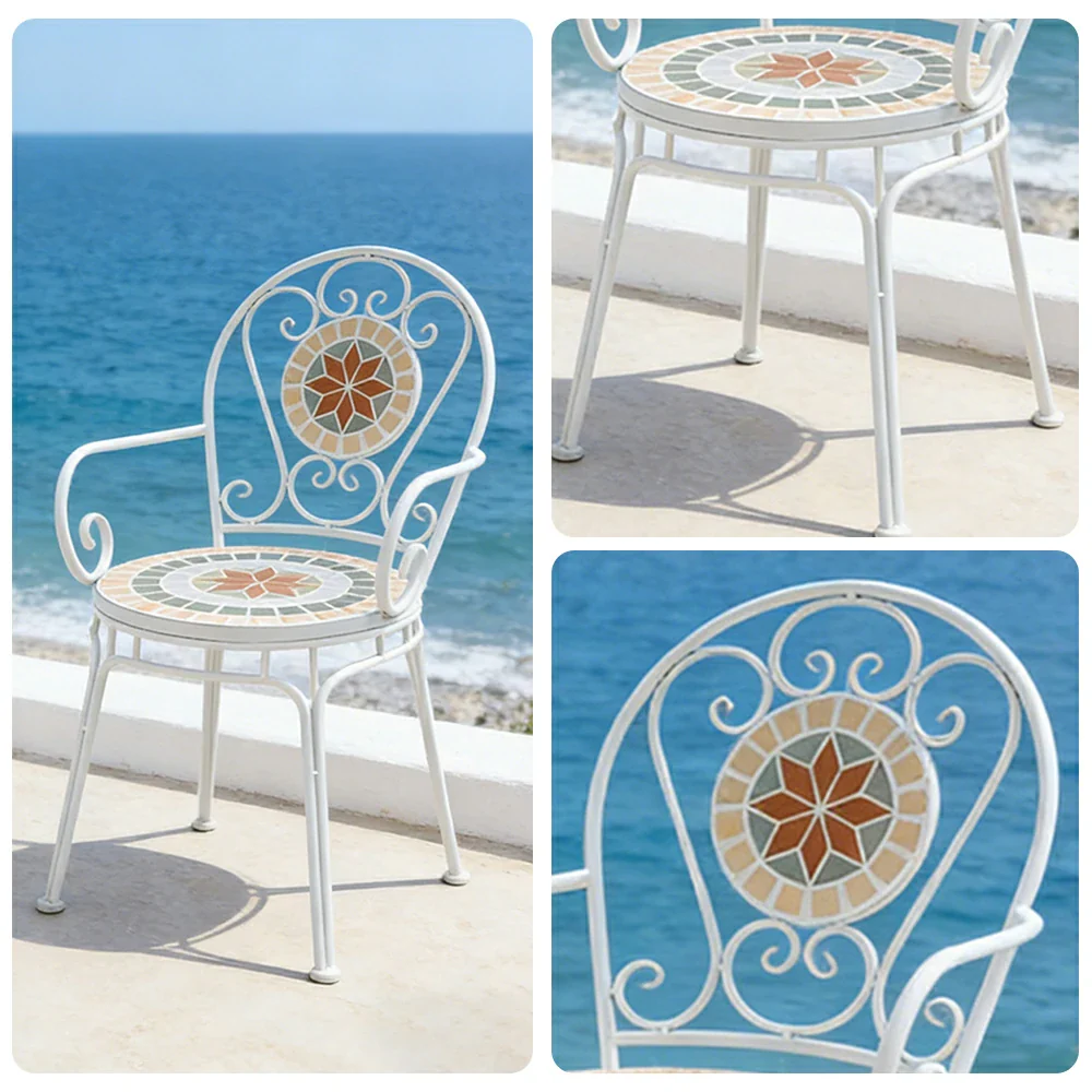 SOLARA Outdoor Armchairs Set of 2 - Weather Resistant Patio Armchairs with Decorative Tile Seat and Heavy Duty Steel Frame - White - Image 3