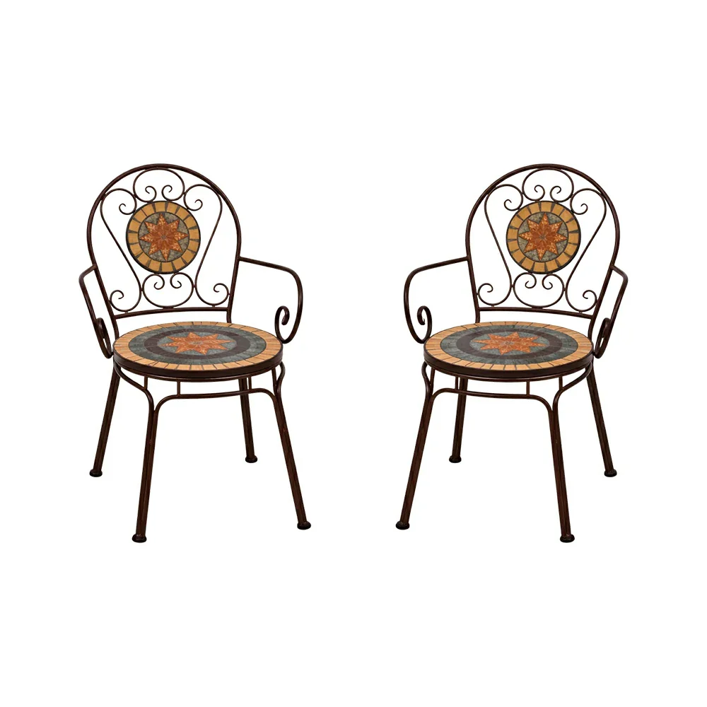 SOLARA Outdoor Armchairs Set of 2 - Weather Resistant Patio Armchairs with Decorative Tile Seat and Heavy Duty Steel Frame - Brown